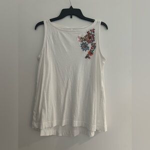 Loft 100 percent cotton white tank top. Flower embroidered embellished. Size M.